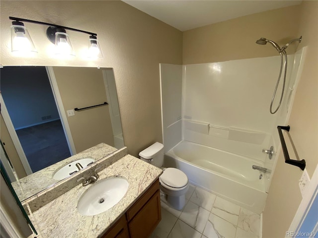 full bath featuring vanity, visible vents, shower / bath combination, toilet, and marble finish floor