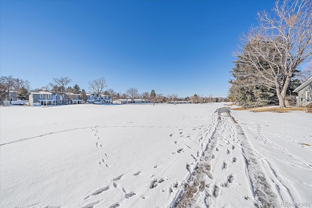 yard covered in snow with a residential view