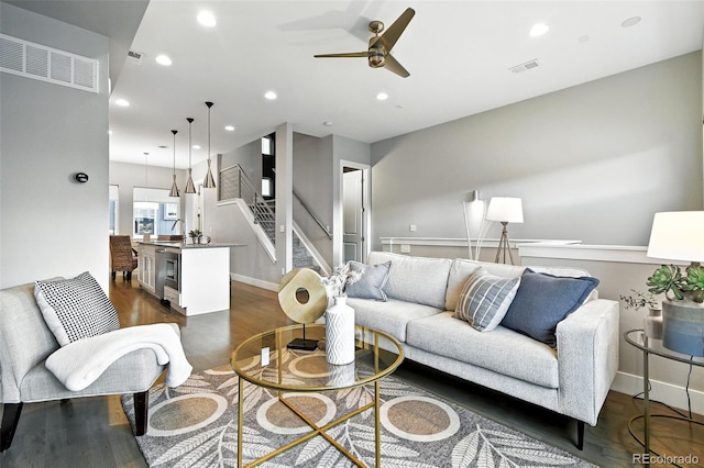 3431 W 16th Ave, Denver, CO 80204 - living area featuring recessed lighting, dark wood-style floors, ceiling fan, and stairs