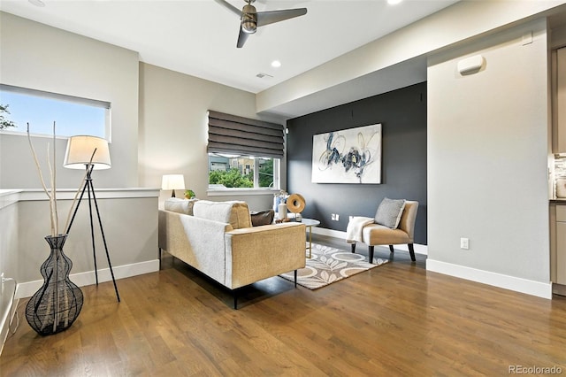 3431 W 16th Ave, Denver, CO 80204 - living room featuring a ceiling fan, wood finished floors, and recessed lighting