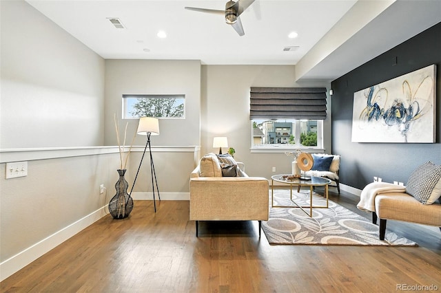 3431 W 16th Ave, Denver, CO 80204 - sitting room featuring plenty of natural light, wood finished floors, a ceiling fan, and recessed lighting