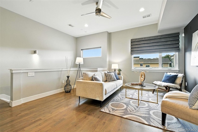 3431 W 16th Ave, Denver, CO 80204 - living area with wood finished floors, ceiling fan, and recessed lighting