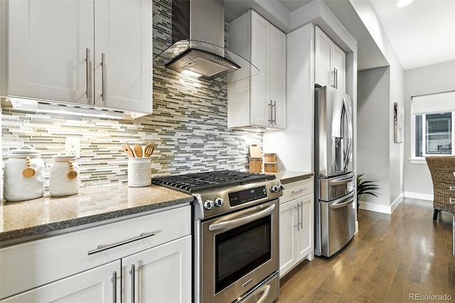 3431 W 16th Ave, Denver, CO 80204 - kitchen featuring appliances with stainless steel finishes, wall chimney exhaust hood, backsplash, light stone countertops, and dark wood finished floors