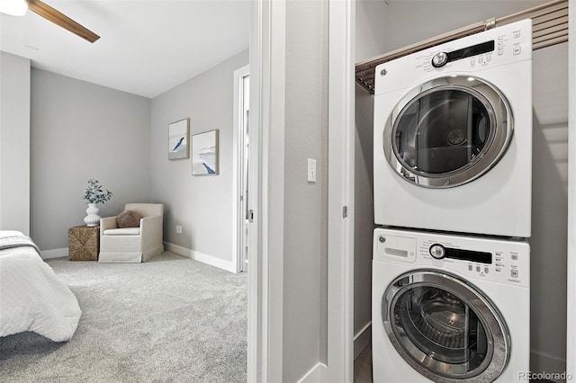 3431 W 16th Ave, Denver, CO 80204 - washroom with stacked washer / drying machine, carpet flooring, and ceiling fan