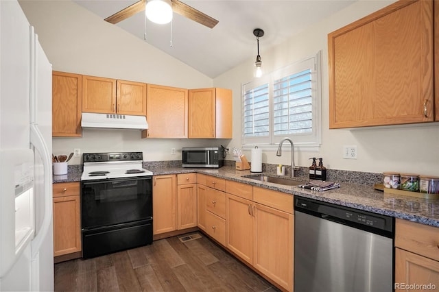 kitchen with pendant lighting, stainless steel appliances, dark hardwood / wood-style flooring, ceiling fan, and lofted ceiling