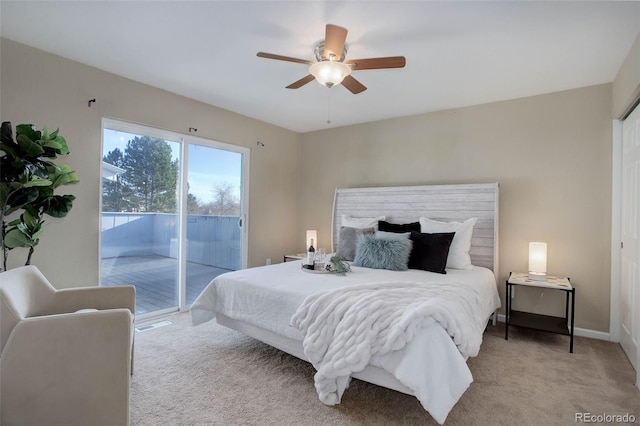 bedroom with light carpet, ceiling fan, baseboards, and access to outside