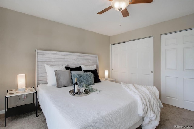 bedroom featuring carpet flooring, a closet, and ceiling fan