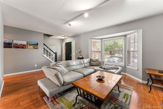 living room with rail lighting and wood-type flooring