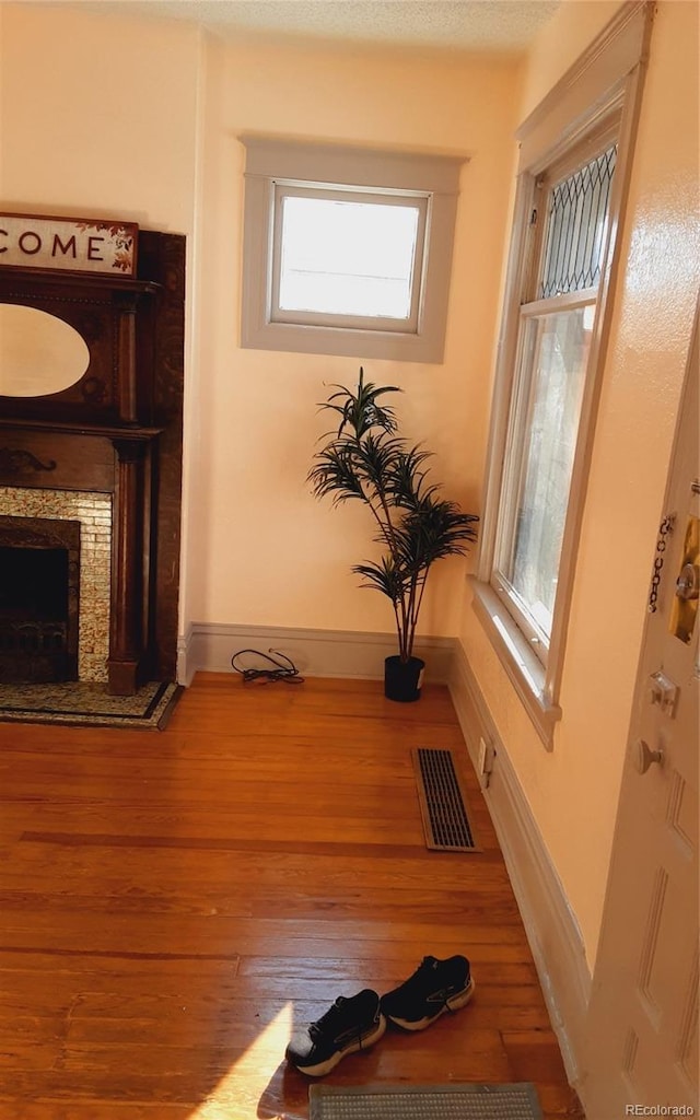 room details featuring hardwood / wood-style floors and a fireplace