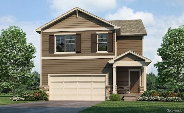 11782 Foraker Ln, Colorado Springs, CO 80925 - view of front of home featuring stone siding, an attached garage, driveway, and a shingled roof