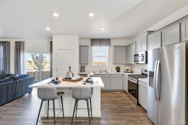 11782 Foraker Ln, Colorado Springs, CO 80925 - kitchen featuring stainless steel appliances, gray cabinets, plenty of natural light, a kitchen breakfast bar, and recessed lighting