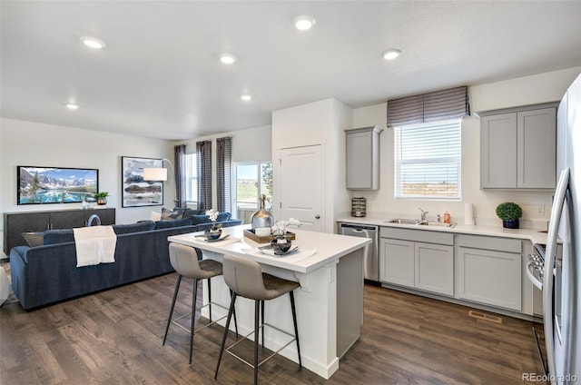 11782 Foraker Ln, Colorado Springs, CO 80925 - kitchen with stainless steel appliances, open floor plan, gray cabinetry, a kitchen breakfast bar, and light countertops