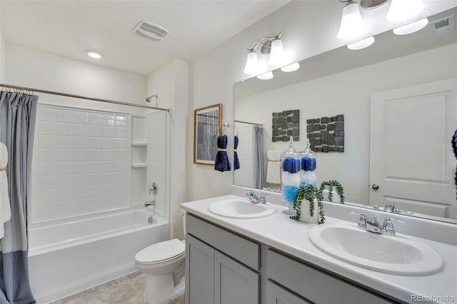 11782 Foraker Ln, Colorado Springs, CO 80925 - bathroom with shower / tub combo, double vanity, and tile patterned floors