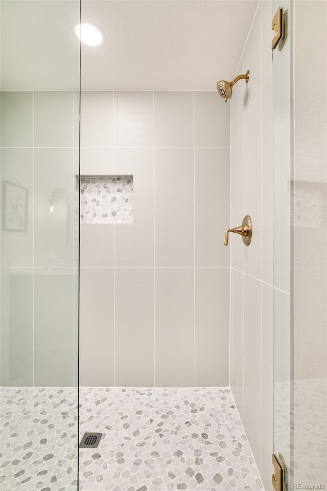 bathroom with a shower with shower door