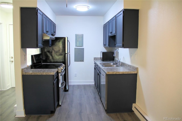 14780 E Kentucky Dr Unit 414, Aurora, CO 80012 - kitchen with stainless steel electric range, under cabinet range hood, dark wood-type flooring, and a baseboard heating unit
