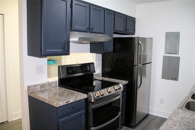 14780 E Kentucky Dr Unit 414, Aurora, CO 80012 - kitchen featuring under cabinet range hood, stainless steel appliances, blue cabinetry, dark wood-style floors, and electric panel