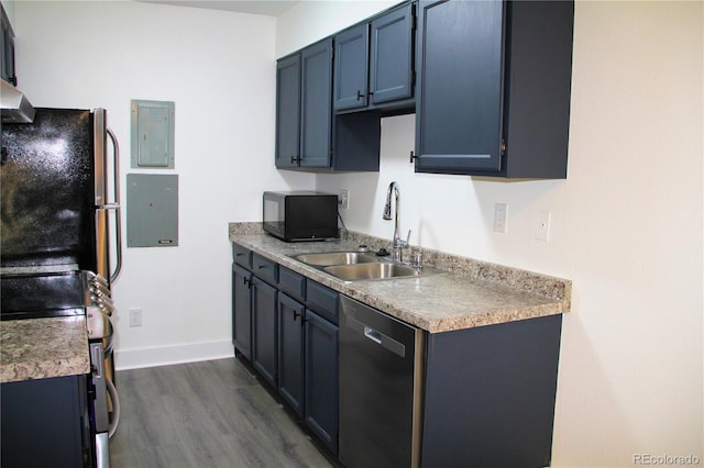 14780 E Kentucky Dr Unit 414, Aurora, CO 80012 - kitchen featuring black appliances, electric panel, dark wood finished floors, and light countertops