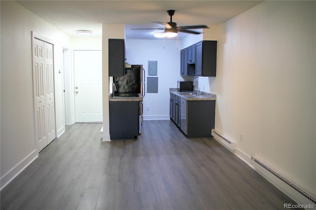 14780 E Kentucky Dr Unit 414, Aurora, CO 80012 - kitchen with a baseboard heating unit, a baseboard radiator, dark wood-style floors, ceiling fan, and electric panel