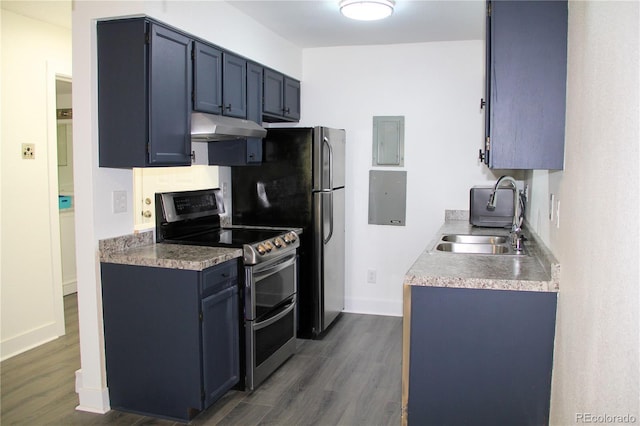 14780 E Kentucky Dr Unit 414, Aurora, CO 80012 - kitchen with under cabinet range hood, range with two ovens, dark wood finished floors, and electric panel