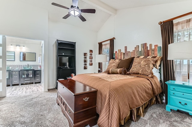 10360 Irving Ct, Westminster, CO 80031 - carpeted bedroom featuring beamed ceiling, ceiling fan, and high vaulted ceiling