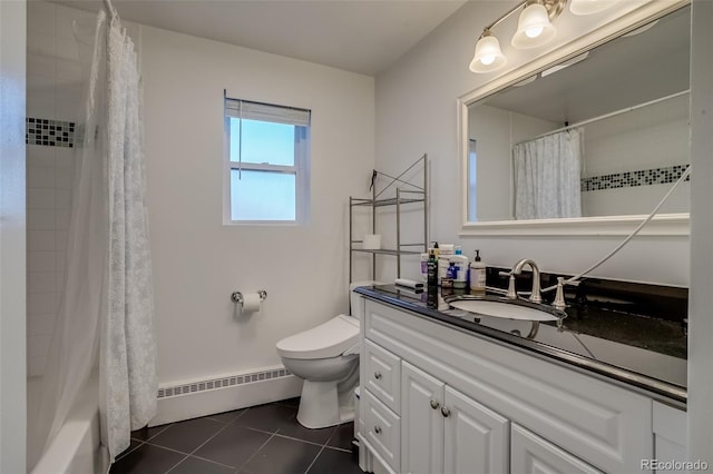 6095 W 47th Ave, Wheat Ridge, CO 80033 - bathroom with tile patterned floors, baseboard heating, toilet, vanity, and shower / bathtub combination with curtain