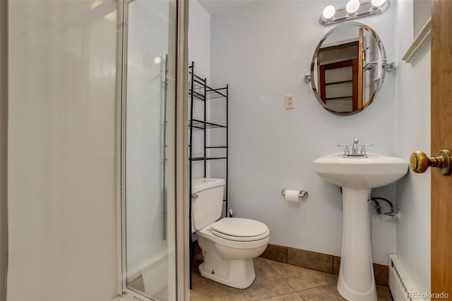 6095 W 47th Ave, Wheat Ridge, CO 80033 - bathroom featuring baseboard heating, a shower stall, toilet, tile patterned floors, and baseboards