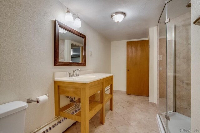 6095 W 47th Ave, Wheat Ridge, CO 80033 - full bath with a shower stall, toilet, vanity, tile patterned floors, and baseboard heating
