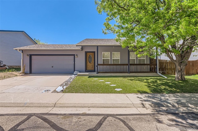single story home featuring stucco siding, a garage, concrete driveway, and a shingled roof