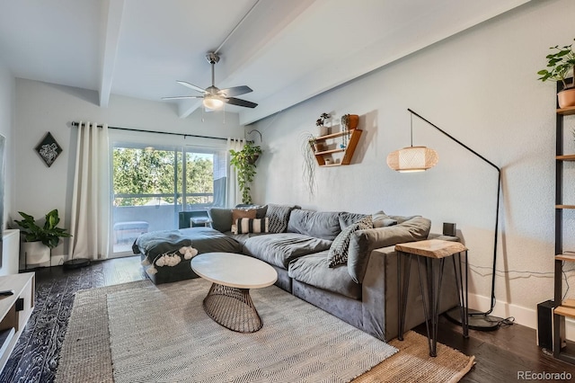 living room with ceiling fan, beam ceiling, and dark hardwood / wood-style floors