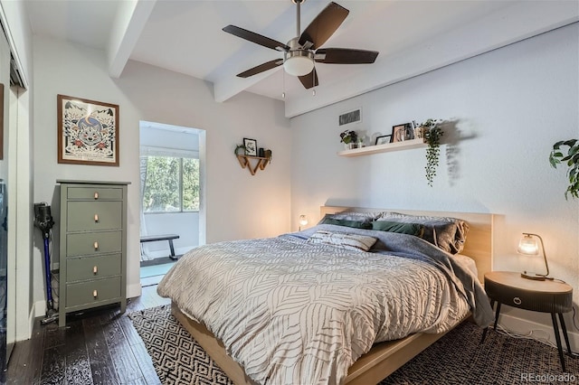 bedroom featuring ceiling fan, beamed ceiling, and dark hardwood / wood-style flooring