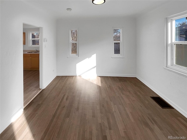 spare room featuring dark wood-type flooring, plenty of natural light, a sink, and visible vents