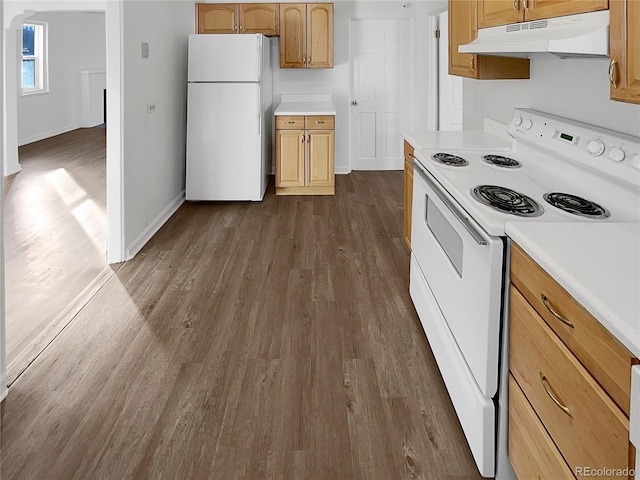 kitchen with white appliances, under cabinet range hood, dark wood finished floors, and light countertops