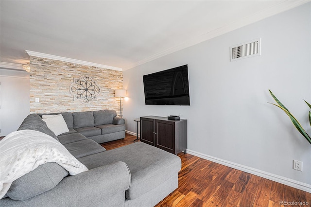 1551 Larimer St Unit 2602, Denver, CO 80202 - living room with baseboards, crown molding, visible vents, and dark wood-type flooring