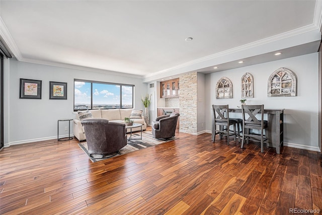 1551 Larimer St Unit 2602, Denver, CO 80202 - living room featuring ornamental molding, hardwood / wood-style flooring, and baseboards