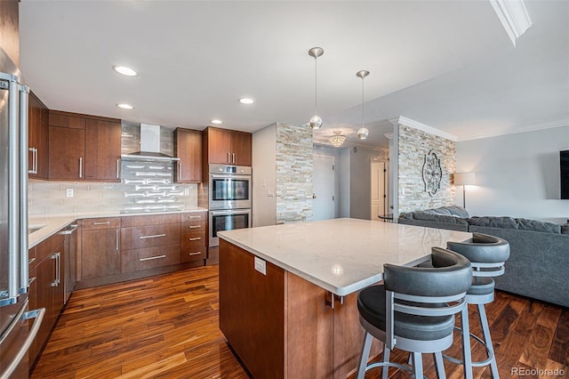1551 Larimer St Unit 2602, Denver, CO 80202 - kitchen featuring a center island, ornamental molding, open floor plan, dark wood-type flooring, and appliances with stainless steel finishes