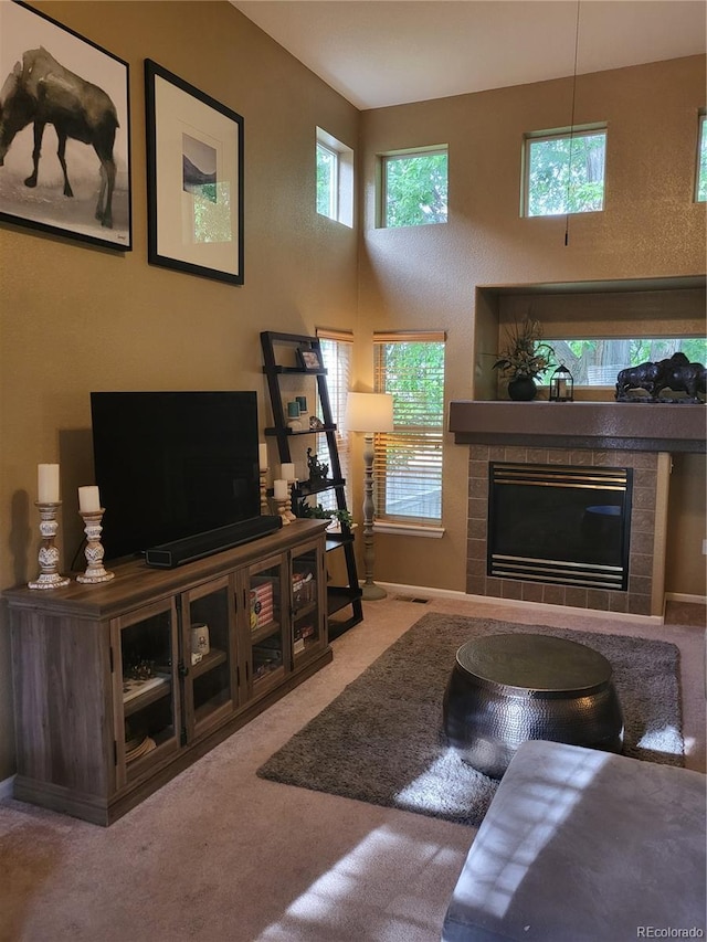 10386 Ravenswood Way, Highlands Ranch, CO 80130 - carpeted living area with a fireplace