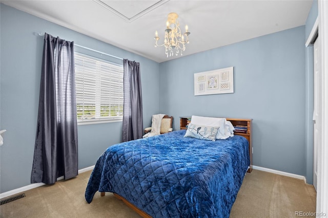 bedroom featuring carpet floors, baseboards, and a chandelier