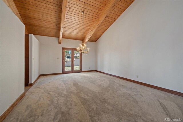 5197 Bear Mountain Dr, Evergreen, CO 80439 - unfurnished room featuring carpet, baseboards, a chandelier, and wooden ceiling