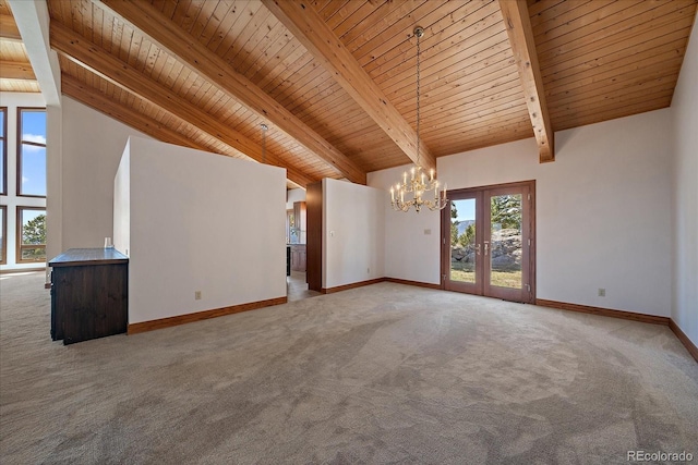 5197 Bear Mountain Dr, Evergreen, CO 80439 - unfurnished living room featuring wood ceiling, carpet floors, and a notable chandelier