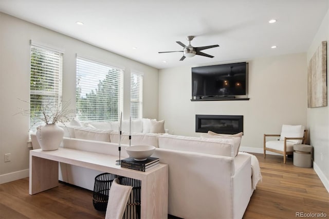 living room featuring hardwood / wood-style flooring and ceiling fan