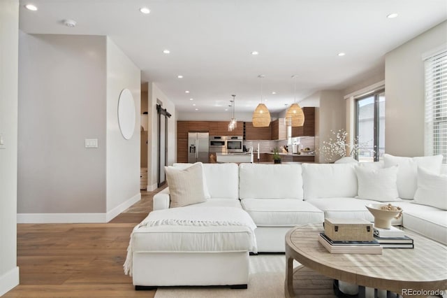 living room with a barn door and light hardwood / wood-style flooring