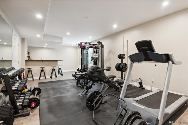 exercise room featuring light hardwood / wood-style floors