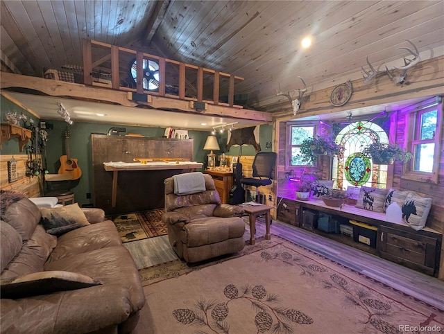 living area with lofted ceiling, wood ceiling, wooden walls, and wood finished floors