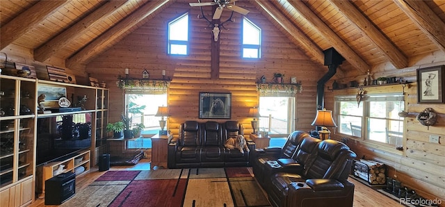 living room with wooden ceiling, beam ceiling, a ceiling fan, and wood finished floors