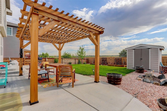 11038 Unity Ln, Commerce City, CO 80022 - fenced backyard featuring a storage unit, a pergola, a patio area, and outdoor dining area