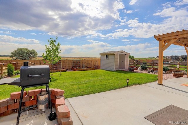 11038 Unity Ln, Commerce City, CO 80022 - fenced backyard with a patio area, a shed, and a pergola