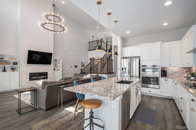 9380 Bear River St, Littleton, CO 80125 - kitchen featuring stainless steel appliances, dark wood finished floors, light stone countertops, high vaulted ceiling, and recessed lighting