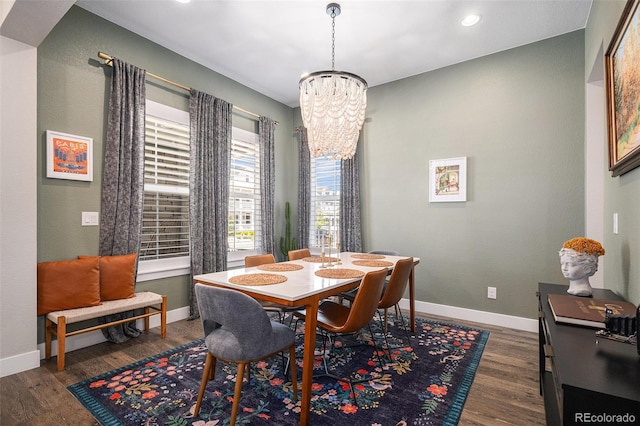 9380 Bear River St, Littleton, CO 80125 - dining room featuring a chandelier, baseboards, dark wood-type flooring, and recessed lighting