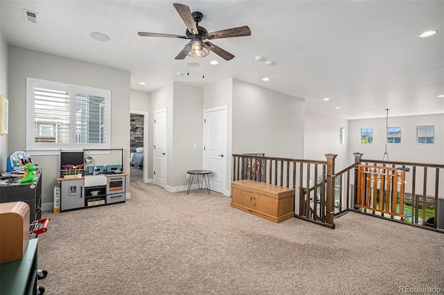 9380 Bear River St, Littleton, CO 80125 - game room with carpet, a ceiling fan, recessed lighting, and baseboards