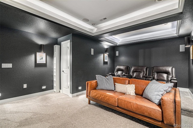 9380 Bear River St, Littleton, CO 80125 - carpeted home theater featuring a textured wall, baseboards, and a tray ceiling